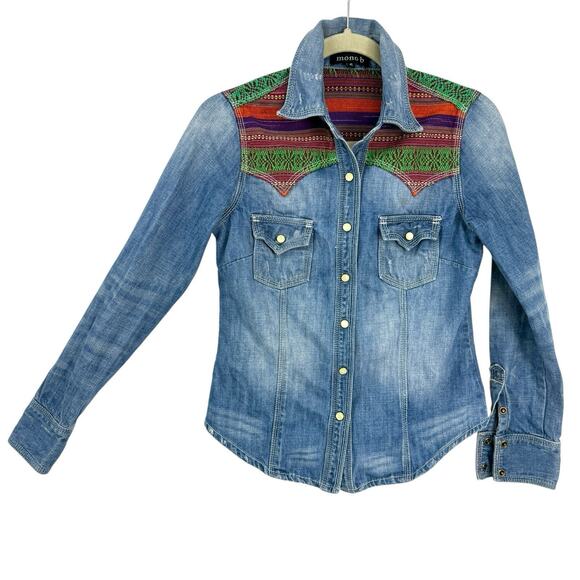 Mono b Southwestern Pearl snap Denim Shirt Colorful woven Accents Wom size small - Picture 2 of 12